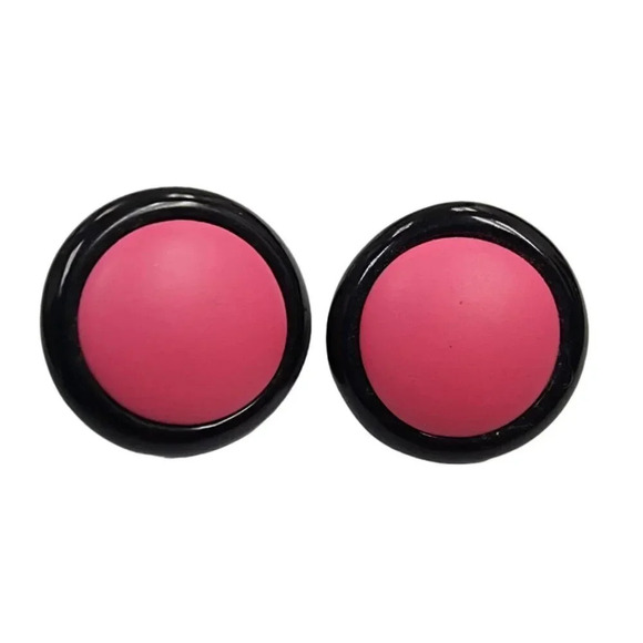 Vintage Pink Black Enamel Round Stud Earrings - Picture 1 of 2